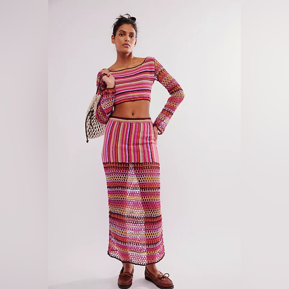 Free People Bali Sunrise Boho Crochet Knit Maxi Skirt and Long Sleeve Top Set - Picture 10 of 12